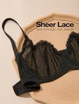 WingsLove Women's Sheer Lace Balconette Bra, Black