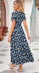 MISFAY Women's Summer Maxi Dress Wrap V Neck Elegant Long Dress Short Sleeve with Pockets,Floral Navy,S