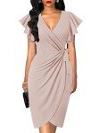 oten Womens Deep V Neck Ruffle Sleeve Sheath Casual Cocktail Party Work Faux Wrap Dresses Nude Medium