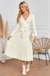 Newshows Women's 2024 White Sweater Dress Fall Winter Long Sleeve Wrap V Neck Casual Ribbed Knit Wedding Guest Midi Dress(Off White, M)
