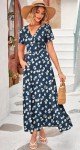 MISFAY Women's Summer Maxi Dress Wrap V Neck Elegant Long Dress Short Sleeve with Pockets,Floral Navy,S