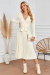 Newshows Women's 2024 White Sweater Dress Fall Winter Long Sleeve Wrap V Neck Casual Ribbed Knit Wedding Guest Midi Dress(Off White, M)