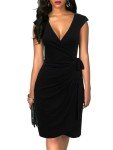 BERYDRESS Women's Sexy Deep V-Neck Cap Sleeve Sheath Wear to Work Draped Faux Wrap Dress (S, 6028-Black)