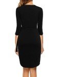 BERYDRESS Women's Classic 3/4 Sleeve V-Neck Sheath Belted Knee-Length Casual Party Work Faux Black Wrap Dress (S, 6083-Black)