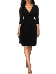 BERYDRESS Women's Classic 3/4 Sleeve V-Neck Sheath Belted Knee-Length Casual Party Work Faux Black Wrap Dress (S, 6083-Black)