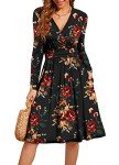 WEACZZY Womens Casual Dress Long Sleeve Wrap V-Neck Knee Length Flowy Dresses for Women, Brown Flower, Large