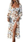 BLENCOT Womens Wrap Floral Dress Casual Vintage Square Neck Ruffle Hem Split A-line Beach Dresses White L