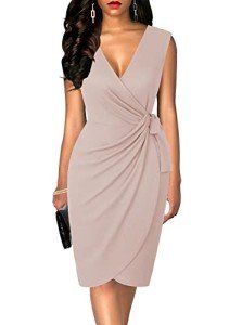 oten Women's Classic Cap Sleeve Wrap Dresses Deep V Neck Waist Tie Belt Knee Length Party Dress Nude Medium