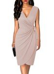 oten Women's Classic Cap Sleeve Wrap Dresses Deep V Neck Waist Tie Belt Knee Length Party Dress Nude Medium
