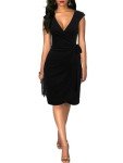 BERYDRESS Women's Sexy Deep V-Neck Cap Sleeve Sheath Wear to Work Draped Faux Wrap Dress (S, 6028-Black)