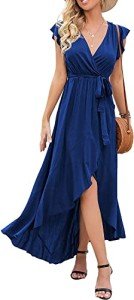 GRECERELLE Womens Boho Vacation Summer Dress Wrap V Neck Beach Flowy Long Maxi Dresses with Belt Blue-L