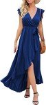 GRECERELLE Womens Boho Vacation Summer Dress Wrap V Neck Beach Flowy Long Maxi Dresses with Belt Blue-L