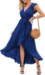 GRECERELLE Womens Boho Vacation Summer Dress Wrap V Neck Beach Flowy Long Maxi Dresses with Belt Blue-L