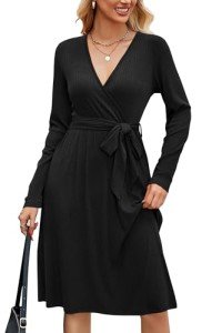 Newshows Womens Fall Long Sleeve Black Sweater Dresses V Neck Fashion Work Winter Wrap Midi Holiday Party Dress with Pockets Womens Clothing Trendy 2024(Black,M)