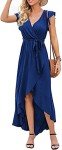 GRECERELLE Womens Boho Vacation Summer Dress Wrap V Neck Beach Flowy Long Maxi Dresses with Belt Blue-L