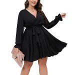 SCOMCHIC Women Wrap V Neck Dresses for Wedding Guest Casual A Line Long Sleeve Mini Dress Black 2XL