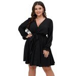 SCOMCHIC Women Wrap V Neck Dresses for Wedding Guest Casual A Line Long Sleeve Mini Dress Black 2XL