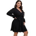 SCOMCHIC Women Wrap V Neck Dresses for Wedding Guest Casual A Line Long Sleeve Mini Dress Black 2XL