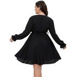 SCOMCHIC Women Wrap V Neck Dresses for Wedding Guest Casual A Line Long Sleeve Mini Dress Black 2XL