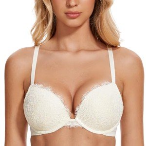 Deyllo Push Up Lace Full Coverage Bra, Ivory 36B