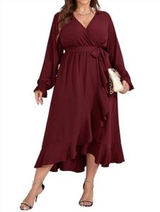 SCOMCHIC Plus Size Formal Dress Women Wrap V Neck High Low Split Ruffle Flowy Casual Burgundy Long Maxi Dresses 3XL