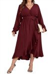 SCOMCHIC Plus Size Formal Dress Women Wrap V Neck High Low Split Ruffle Flowy Casual Burgundy Long Maxi Dresses 3XL