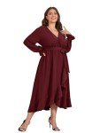 SCOMCHIC Plus Size Formal Dress Women Wrap V Neck High Low Split Ruffle Flowy Casual Burgundy Long Maxi Dresses 3XL