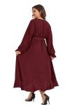 SCOMCHIC Plus Size Formal Dress Women Wrap V Neck High Low Split Ruffle Flowy Casual Burgundy Long Maxi Dresses 3XL