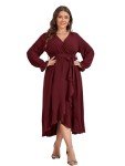 SCOMCHIC Plus Size Formal Dress Women Wrap V Neck High Low Split Ruffle Flowy Casual Burgundy Long Maxi Dresses 3XL