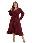 SCOMCHIC Plus Size Formal Dress Women Wrap V Neck High Low Split Ruffle Flowy Casual Burgundy Long Maxi Dresses 3XL