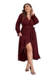 SCOMCHIC Plus Size Formal Dress Women Wrap V Neck High Low Split Ruffle Flowy Casual Burgundy Long Maxi Dresses 3XL