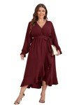 SCOMCHIC Plus Size Formal Dress Women Wrap V Neck High Low Split Ruffle Flowy Casual Burgundy Long Maxi Dresses 3XL