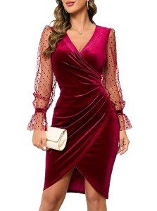 ihot Burgundy Dress for Women Formal V Neck Sexy Party Velvet Holiday Fall Bodycon Wrap Ruched Cocktail Wedding Guest Long Sleeve Club Nightout Christmas New Years Eve Evening Dress,Wine Red,Medium