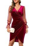 ihot Burgundy Dress for Women Formal V Neck Sexy Party Velvet Holiday Fall Bodycon Wrap Ruched Cocktail Wedding Guest Long Sleeve Club Nightout Christmas New Years Eve Evening Dress,Wine Red,Medium