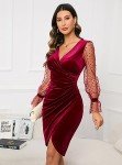 ihot Burgundy Dress for Women Formal V Neck Sexy Party Velvet Holiday Fall Bodycon Wrap Ruched Cocktail Wedding Guest Long Sleeve Club Nightout Christmas New Years Eve Evening Dress,Wine Red,Medium