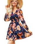 VIDUSSA Women's Floral Casual Dress V-Neck Puff Long Sleeve Ruffle Chiffon Mini Swing Skater Beach Flowy Wrap DressesFloral Navy M