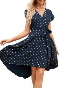 JASAMBAC Women's Fall Cocktail Dress Bling Glod Dot High Low Wrap V Neck Midi Dress Bridal Shower Wedding Guest Dress Navy Blue M
