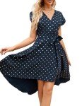 JASAMBAC Women's Fall Cocktail Dress Bling Glod Dot High Low Wrap V Neck Midi Dress Bridal Shower Wedding Guest Dress Navy Blue M