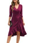 Owin Women's Deep V Neck 3/4 Sleeve Flared Ruched A-Line Swing Ruffle Faux Wrap Midi Party Dress with Belt Purple Red M