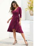 Owin Women's Deep V Neck 3/4 Sleeve Flared Ruched A-Line Swing Ruffle Faux Wrap Midi Party Dress with Belt Purple Red M