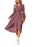 HUXRAKV Womens Casual Long Sleeve Boho Wrap Dresses with Belt V-Neck Ruffled Hem Floral Maxi Shift Dress Beach Long Flowy Dress,WD24-Red,L
