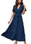 kinstell Women's 2024 Floral Summer Dress Wrap V Neck Short Sleeve Belted Ruffle Hem A-Line Bohemian Maxi Dresses, B-navy, Large