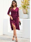 Owin Women's Deep V Neck 3/4 Sleeve Flared Ruched A-Line Swing Ruffle Faux Wrap Midi Party Dress with Belt Purple Red M