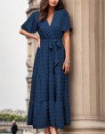 kinstell Women's 2024 Floral Summer Dress Wrap V Neck Short Sleeve Belted Ruffle Hem A-Line Bohemian Maxi Dresses, B-navy, Large