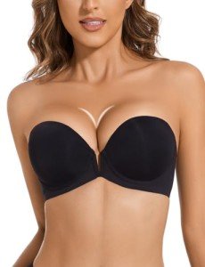Black Strapless Push-Up Deep V Bra, 34E