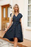 JASAMBAC Women's Fall Cocktail Dress Bling Glod Dot High Low Wrap V Neck Midi Dress Bridal Shower Wedding Guest Dress Navy Blue M