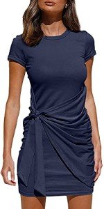 isermeo Women's Summer Short Sleeve V Neck Tie Front Casual Ruched Swing Short Dress Navy Blue-L