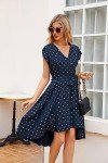 JASAMBAC Women's Fall Cocktail Dress Bling Glod Dot High Low Wrap V Neck Midi Dress Bridal Shower Wedding Guest Dress Navy Blue M