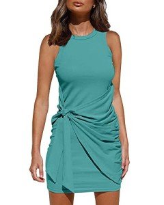 isermeo Women's Sleeveless V Neck Summer Casual Loose Fit Tie Front Mini Swing Dress Babydoll Dress Aqua-M