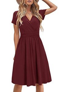 STYLEWORD Womens Summer Short Sleeve Dress Wrap V Neck Midi Sundress with Pockets A line Flare Work(Dark Red,L)